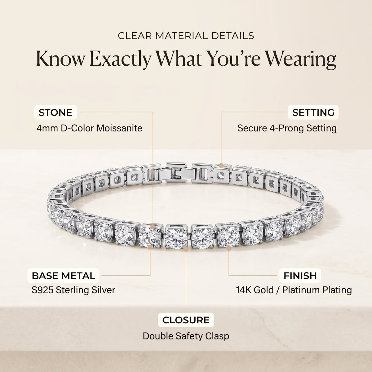 [new bracelet] Classic 4mm D-Color Moissanite Tennis Bracelet – 14K Gold Plated with Double Safety Clasp-Last Day Sale-90% OFF🔥
