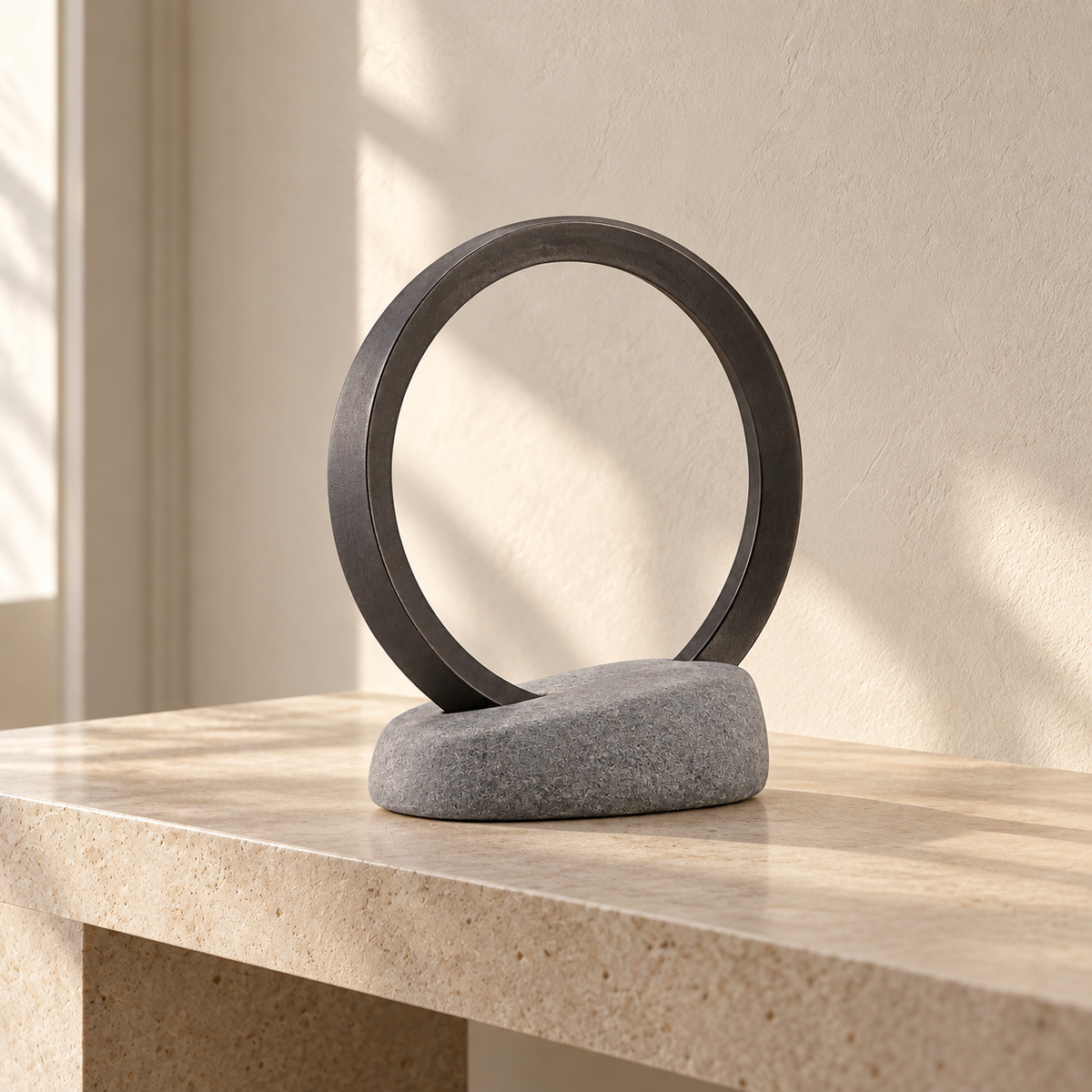 Blomarea Circular Balance Sculpture – Black Ring & Grey Stone-Look Base Decorative Object