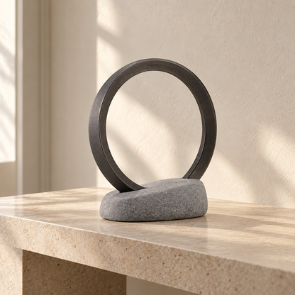 Blomarea Circular Balance Sculpture – Black Ring & Grey Stone-Look Base Decorative Object
