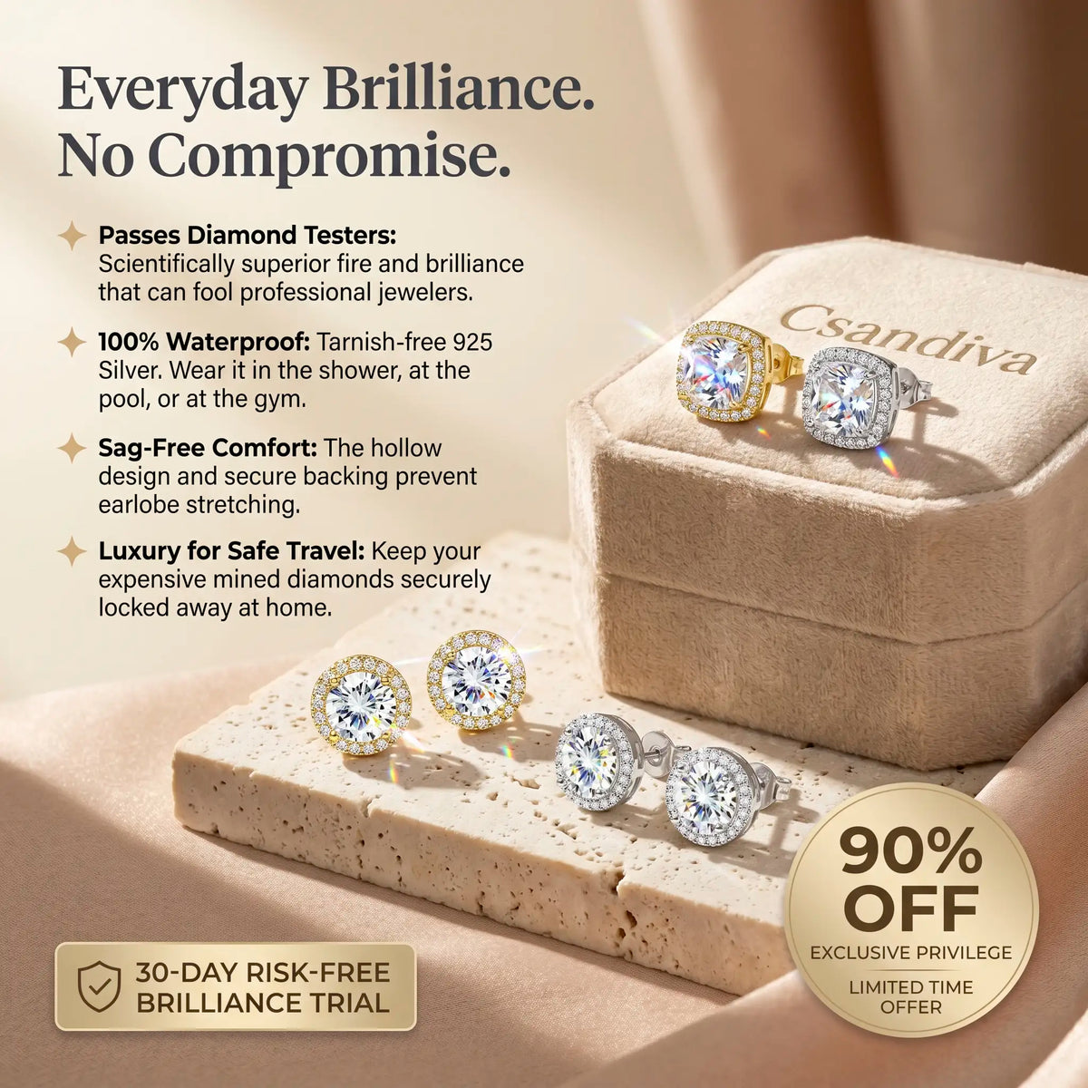 [moissanite studs] VVS1 Moissanite Halo Studs - Zero Droop Comfort & 100% Waterproof Brilliance | Claim 90% OFF Today🔥