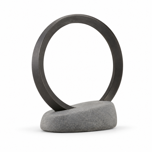 Blomarea Circular Balance Sculpture – Black Ring & Grey Stone-Look Base Decorative Object