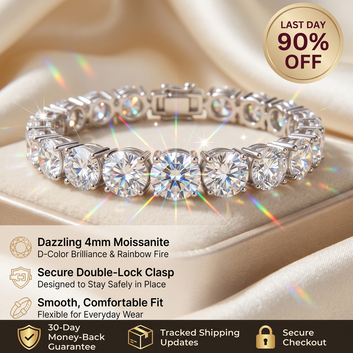[new bracelet] Classic 4mm D-Color Moissanite Tennis Bracelet – 14K Gold Plated with Double Safety Clasp-Last Day Sale-90% OFF🔥