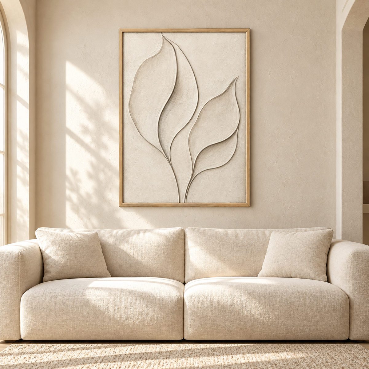 Blomarea Botanical Relief-Style Framed Wall Art – Neutral Leaf Design in Cream & Beige