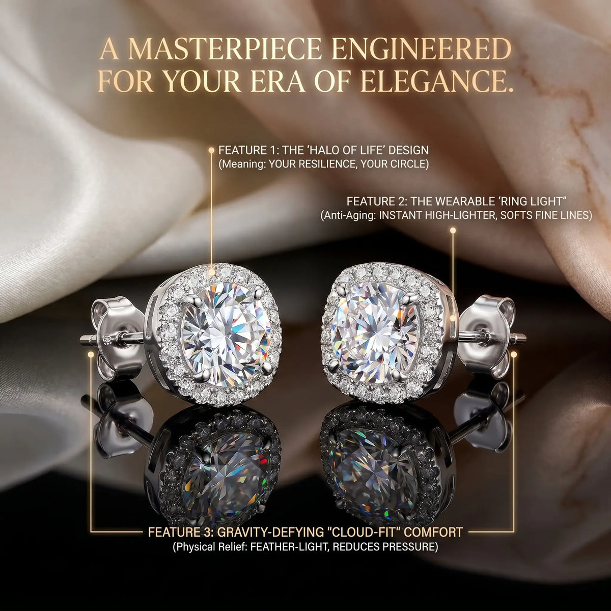 [moissanite studs] VVS1 Moissanite Halo Studs - Zero Droop Comfort & 100% Waterproof Brilliance | Claim 90% OFF Today🔥