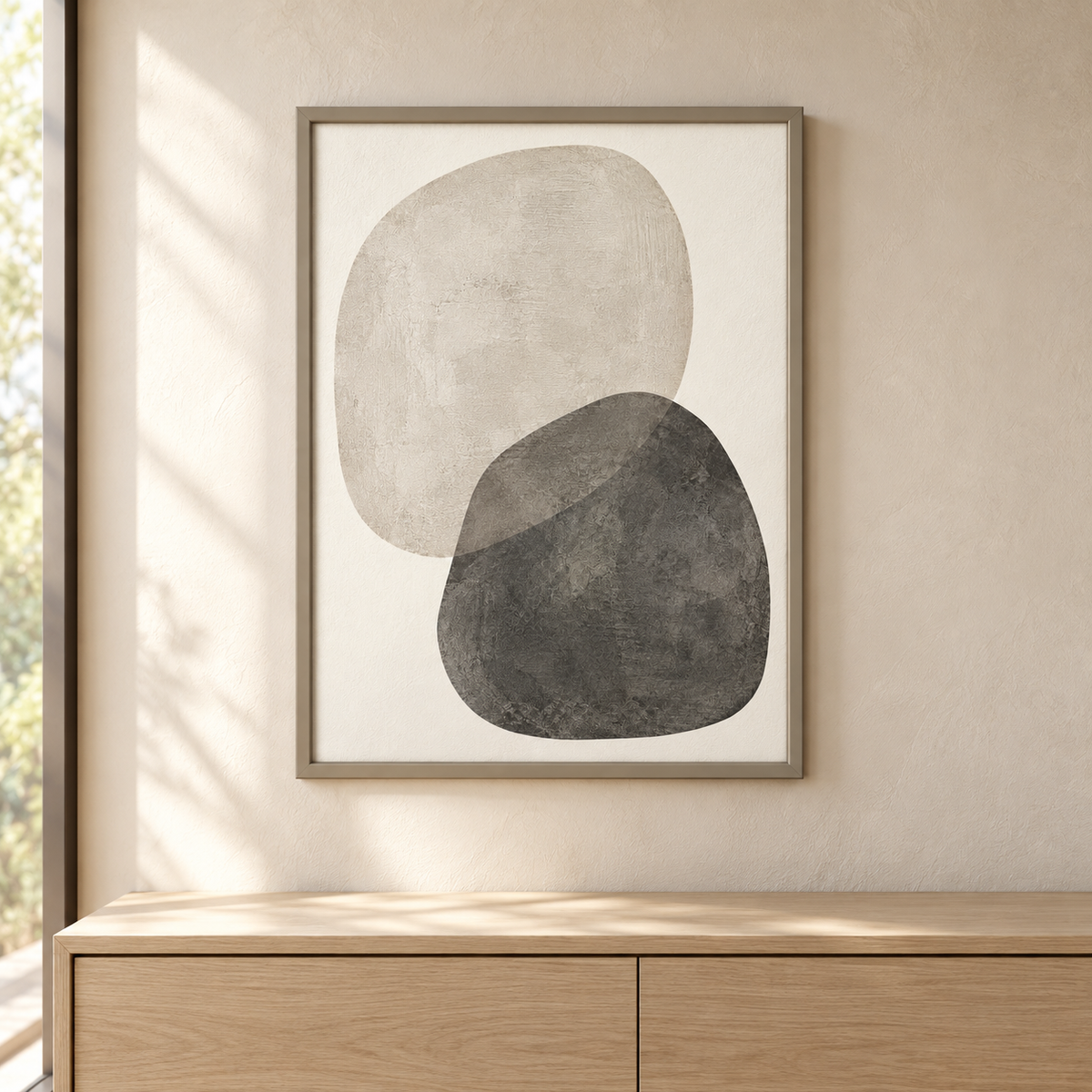 Blomarea Neutral Abstract Framed Wall Art – Organic Shape Design in Beige & Charcoal