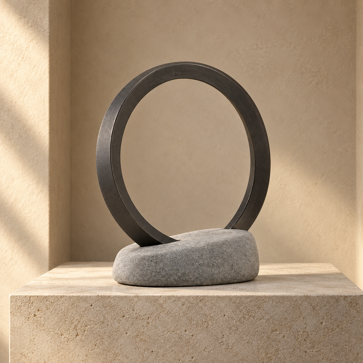 Blomarea Circular Balance Sculpture – Black Ring & Grey Stone-Look Base Decorative Object
