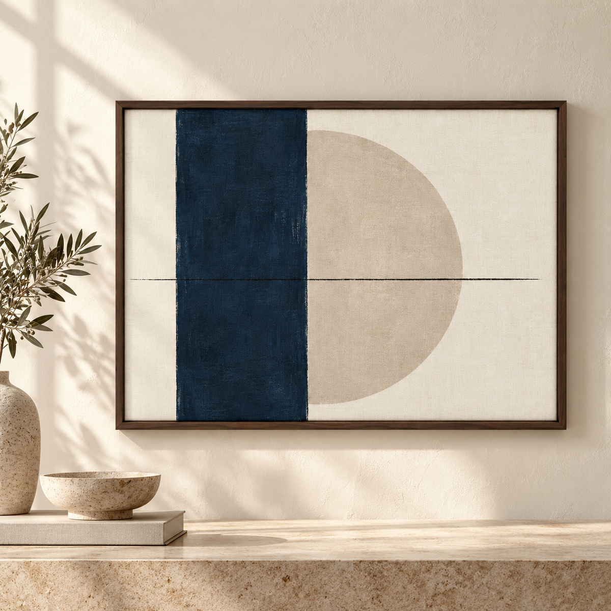 Blomarea Modern Abstract Framed Wall Art – Navy, Beige &amp; Cream Geometric Décor