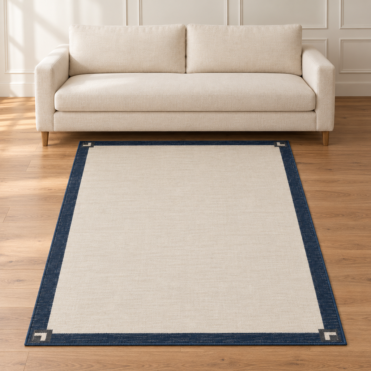 Blomarea Navy Border Area Rug – Cream Geometric Minimalist Floor Décor