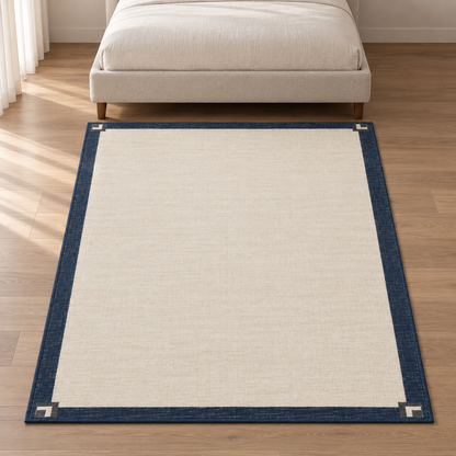 Blomarea Navy Border Area Rug – Cream Geometric Minimalist Floor Décor