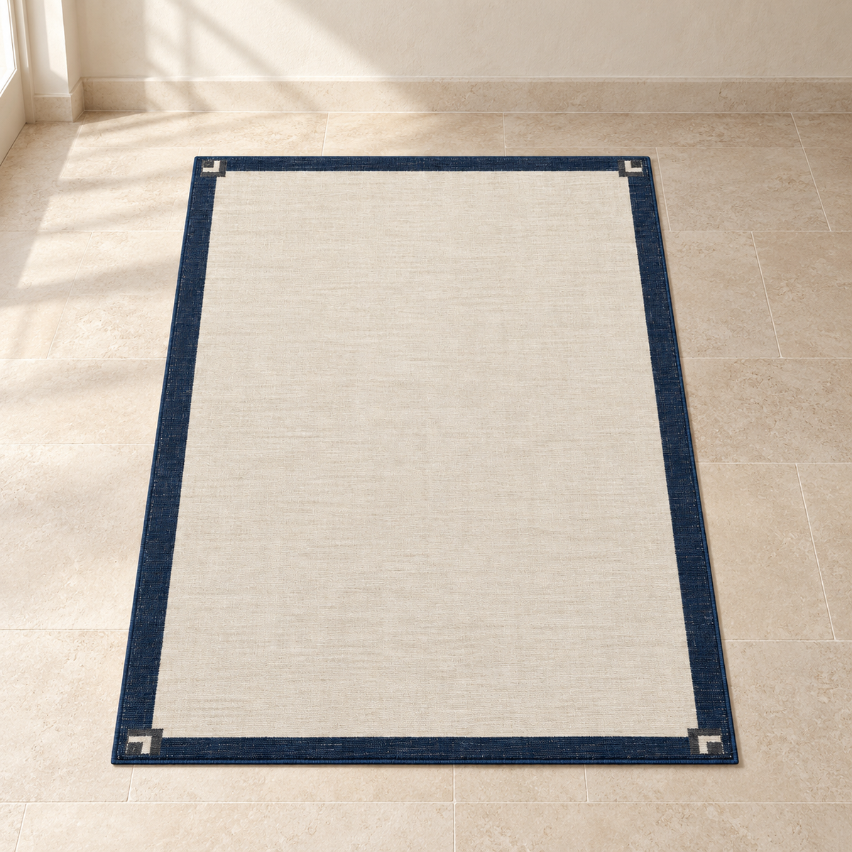 Blomarea Navy Border Area Rug – Cream Geometric Minimalist Floor Décor