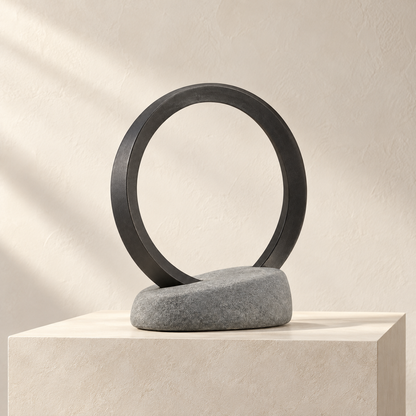 Blomarea Circular Balance Sculpture – Black Ring & Grey Stone-Look Base Decorative Object