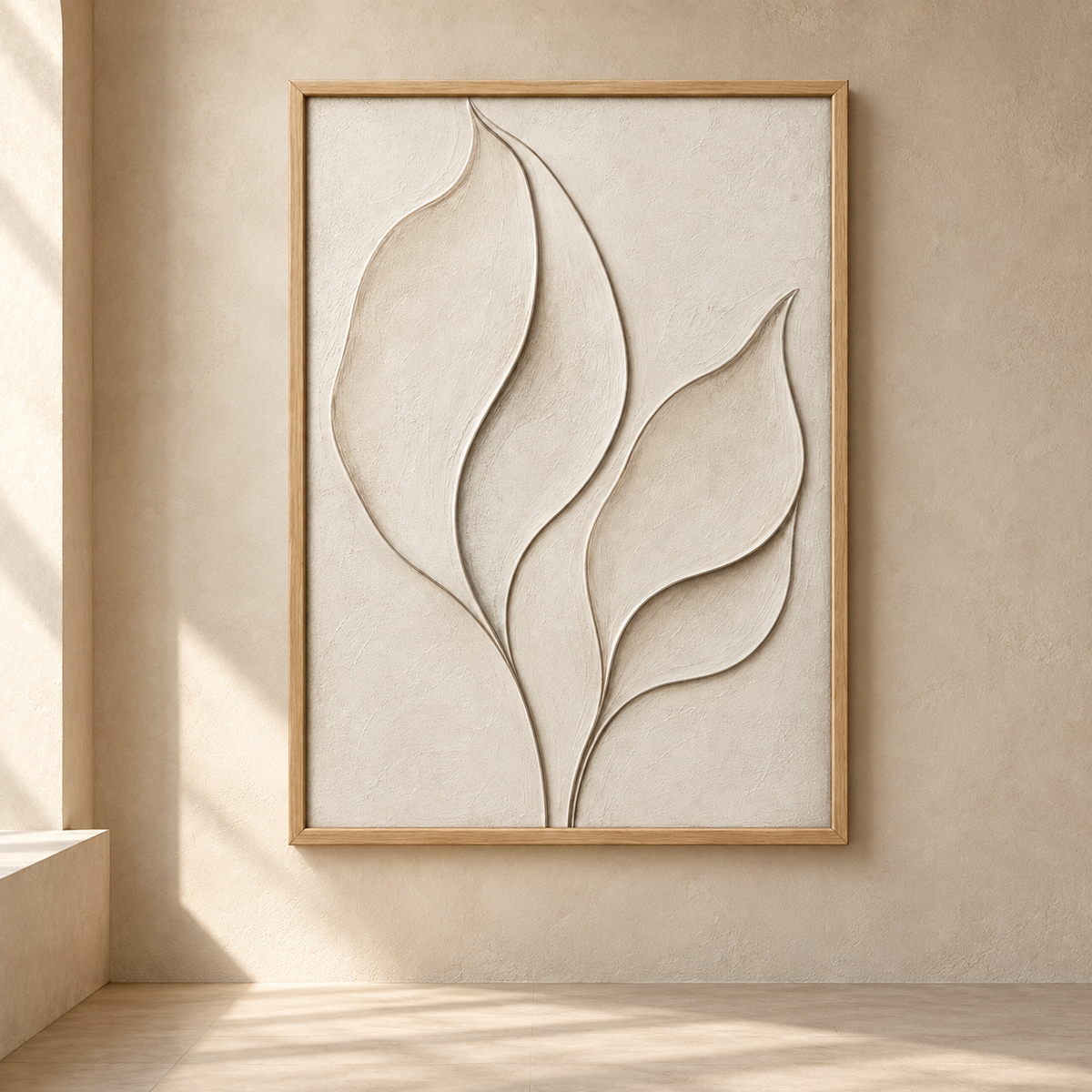 Blomarea Botanical Relief-Style Framed Wall Art – Neutral Leaf Design in Cream & Beige